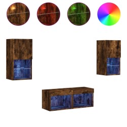 Meuble TV muraux 4 pcs avec lumières LED chêne fumé 625810625810