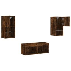 Meuble TV muraux 4 pcs avec lumières LED chêne fumé 625810625810