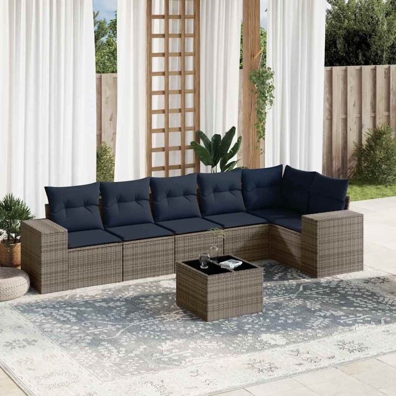 Ensemble de canapé de jardin 7 pcs avec coussins gris résine tressée 626350626350
