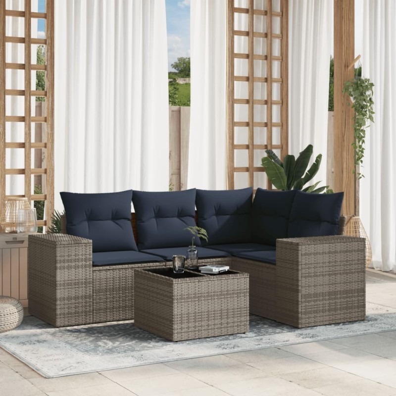 Ensemble de canapé de jardin 5 pcs avec coussins gris résine tressée 626355626355