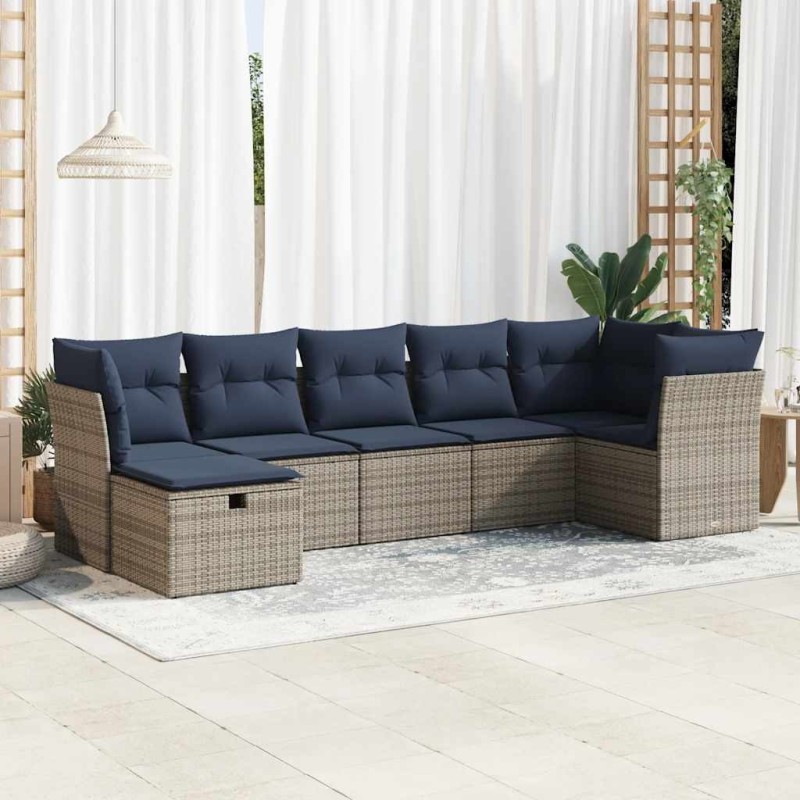Salon de jardin avec coussins 7 pcs gris résine tressée 626970626970