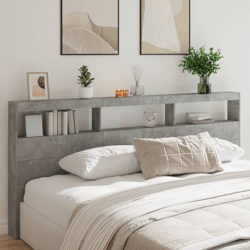 Armoire tête de lit avec LED gris béton 220x17x102 cm 628237628237