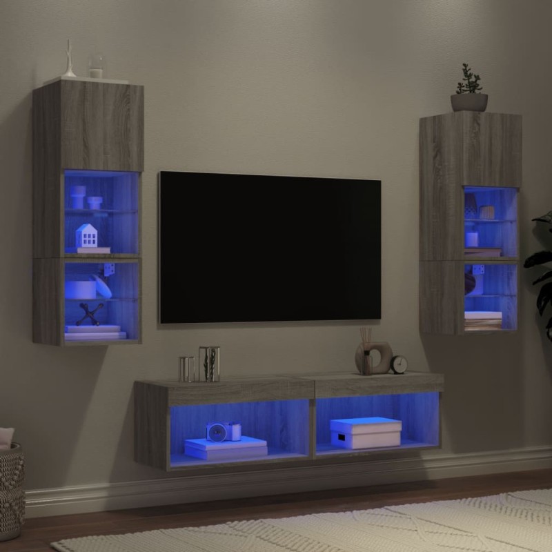 Unités murales TV avec LED 6 pcs gris sonoma bois d'ingénierie 628407628407