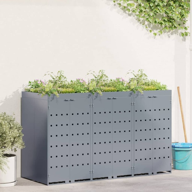Rangement de poubelle à roulettes pour 3 poubelles Gris clair 629380629380
