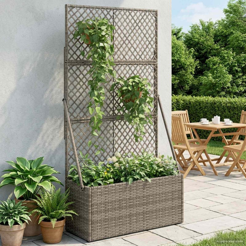 Bac à fleurs avec Treillis Gris 70 x 30 x 135 cm polyrotin 629596629596