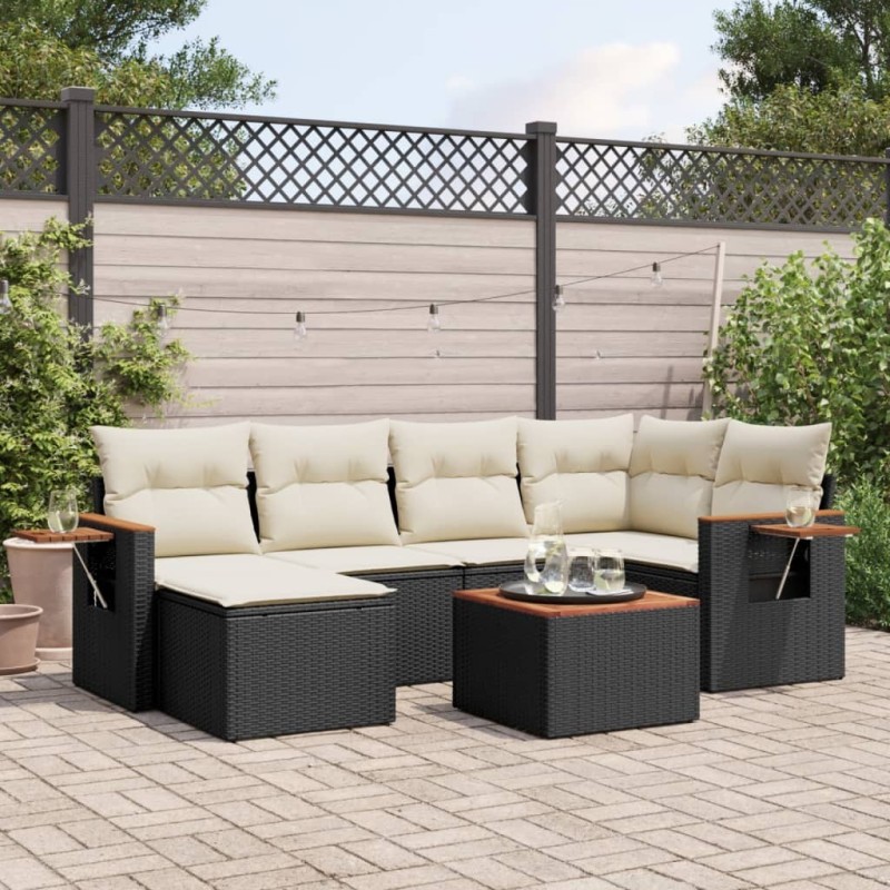 Salon de jardin 7 pcs avec coussins noir résine tressée 629635629635