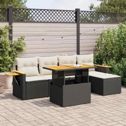 Salon de jardin 6 pcs avec coussins noir résine tressée acacia 629637629637