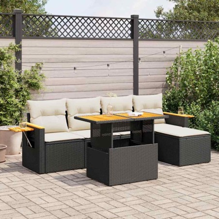 Salon de jardin 6 pcs avec coussins noir résine tressée acacia 629637629637