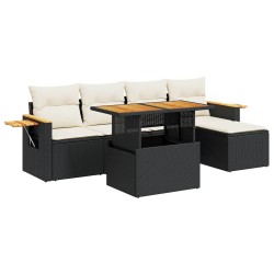 Salon de jardin 6 pcs avec coussins noir résine tressée acacia 629637629637