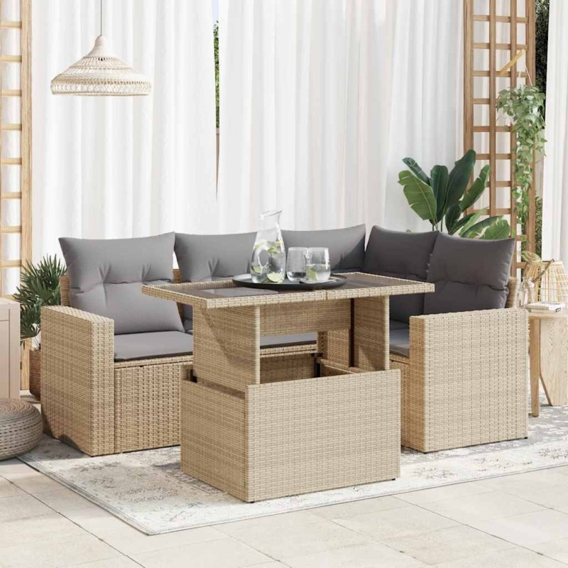 Salon de jardin avec coussins 5 pcs beige résine tressée 629654629654