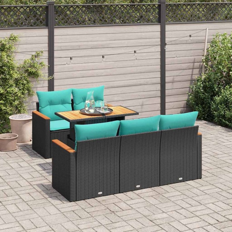 Salon de jardin 6 pcs avec coussins noir résine tressée 629720629720