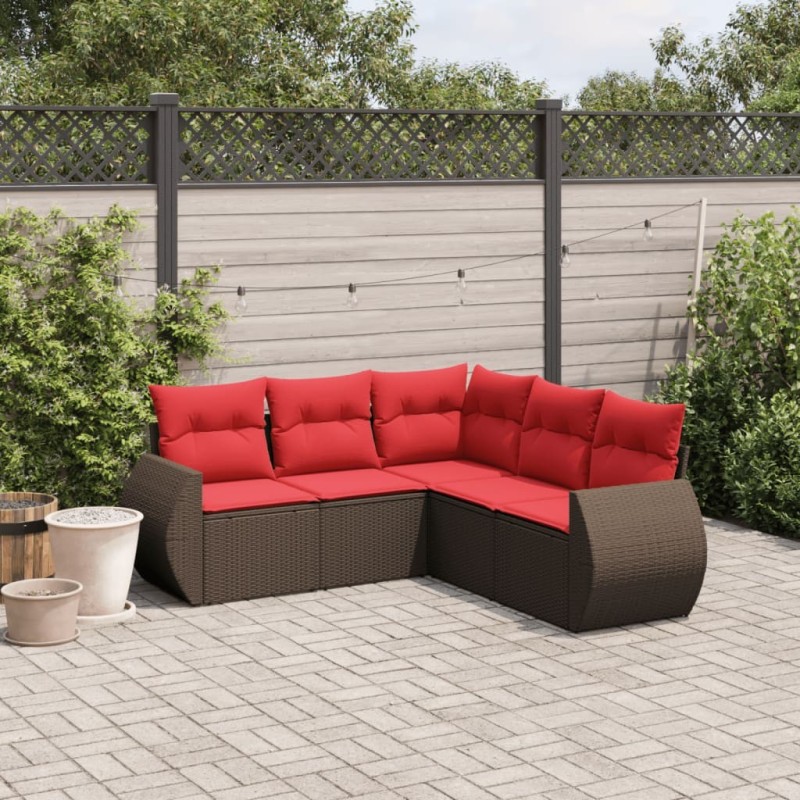Ensemble de canapé de jardin 5 pcs avec coussins marron résine tressée 629821629821