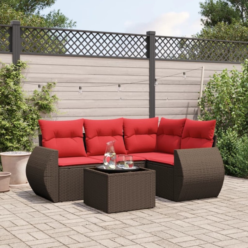 Ensemble de canapé de jardin 5 pcs avec coussins marron résine tressée 629914629914
