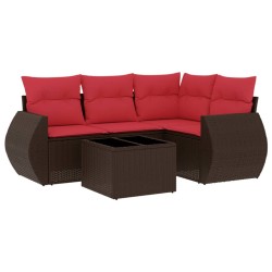 Ensemble de canapé de jardin 5 pcs avec coussins marron résine tressée 629914629914