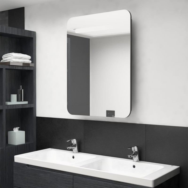 Armoire de salle de bain à miroir LED gris 60x11x80 cm 630374630374