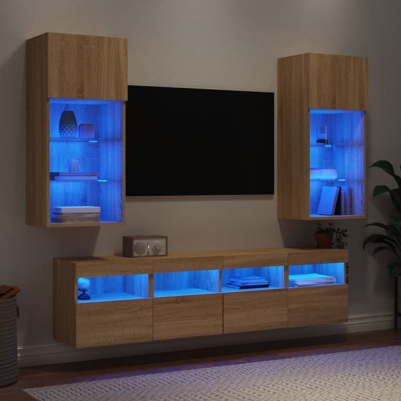 Unités murales TV avec LED 5 pcs chêne sonoma bois d'ingénierie 630455630455