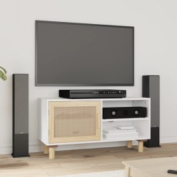 Meuble TV Blanc 80x30x40 cm Bois de pin massif et rotin naturel 630507630507