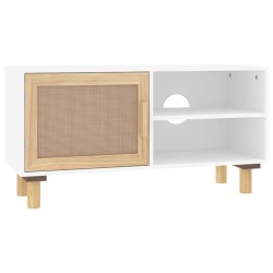Meuble TV Blanc 80x30x40 cm Bois de pin massif et rotin naturel 630507630507