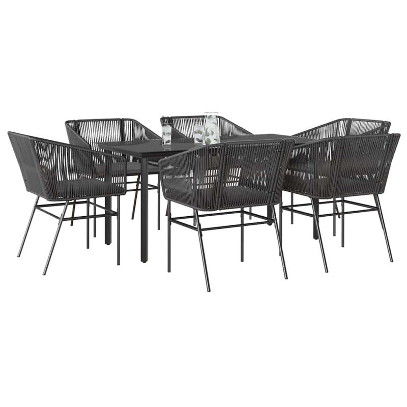 Ensemble à manger de jardin coussins 7pcs noir poly rotin verre 630805630805