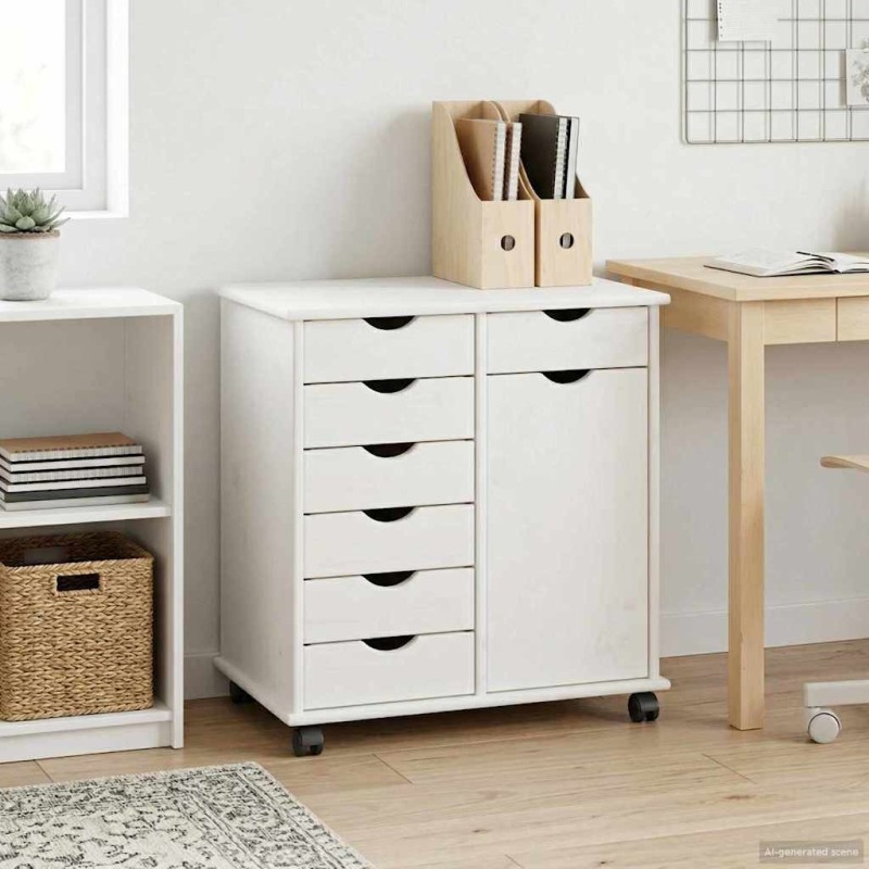 Cabinet roulant Blanc 63,5 x 39 x 65,5 cm Bois de Pin Massif 630899630899