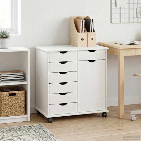 Cabinet roulant Blanc 63,5 x 39 x 65,5 cm Bois de Pin Massif 630899630899