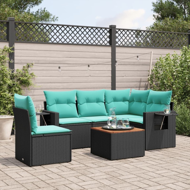 Ensemble de canapé de jardin 6 pcs avec coussins noir résine tressée 630972630972