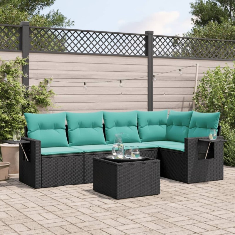 Ensemble de canapé de jardin 6 pcs avec coussins noir résine tressée 630989630989