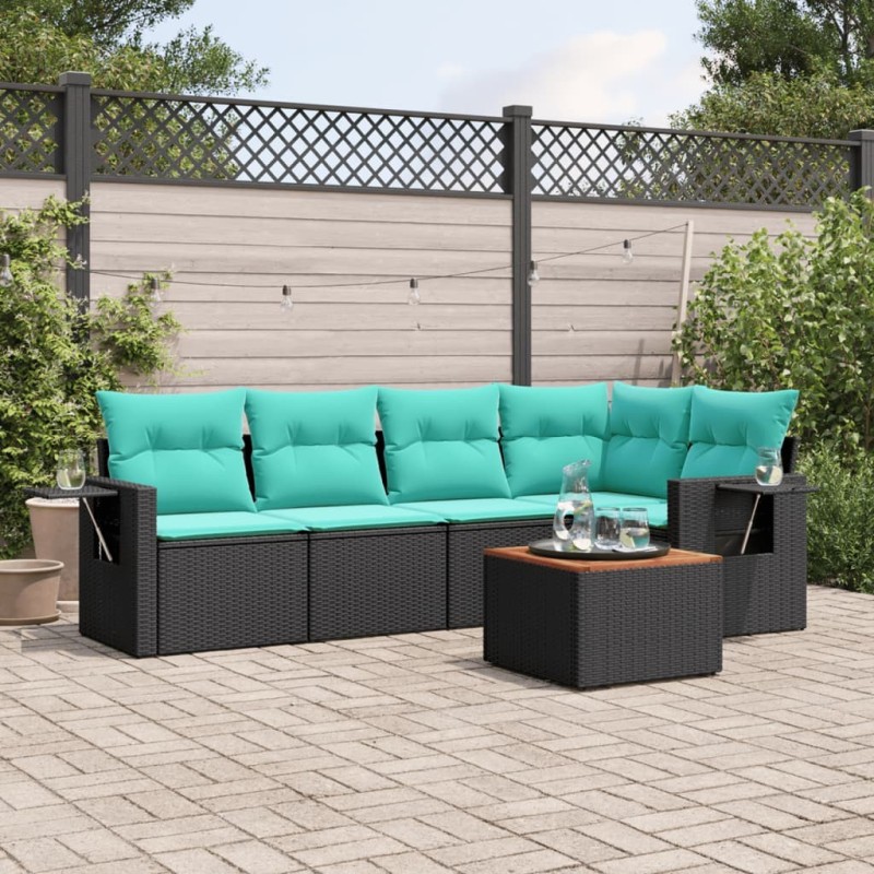 Ensemble de canapé de jardin 6 pcs avec coussins noir résine tressée 630990630990