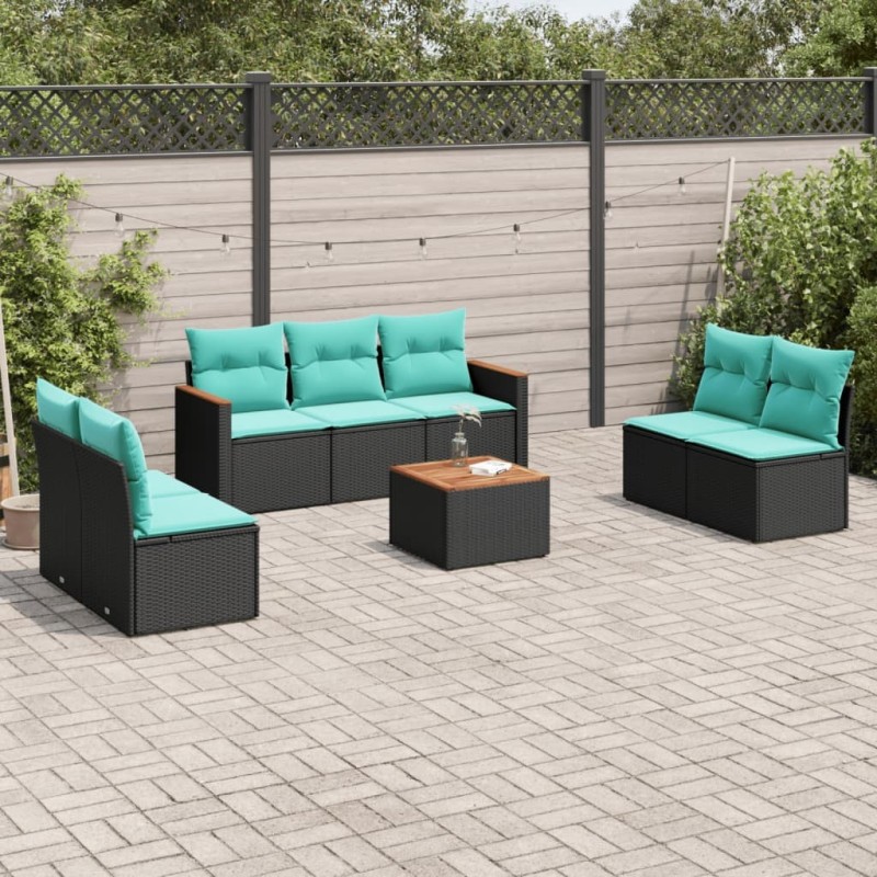 Ensemble de canapé de jardin 8 pcs avec coussins noir résine tressée 631022631022