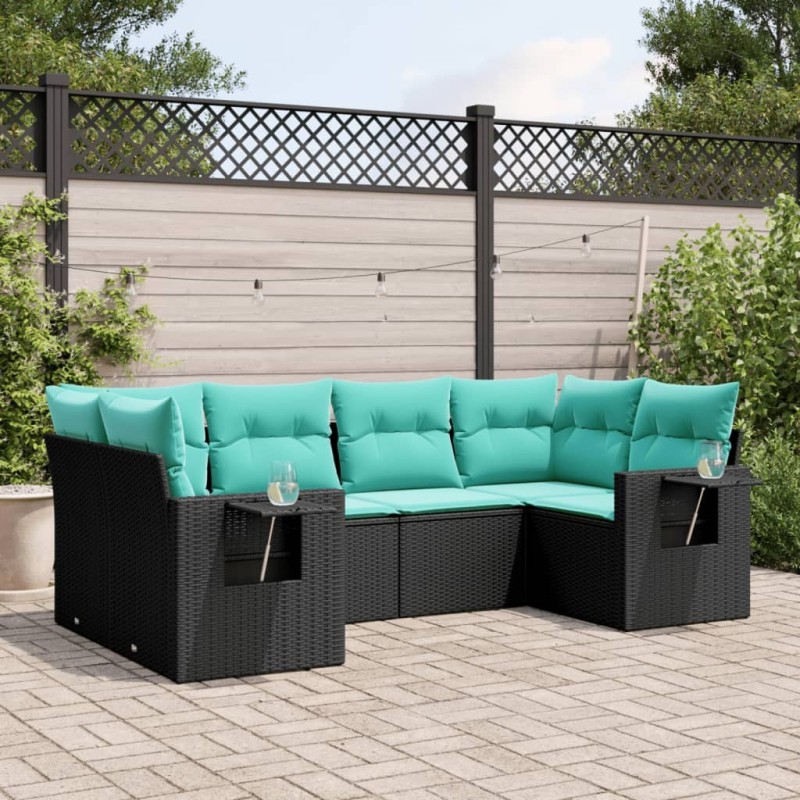 Salon de jardin 6 pcs avec coussins noir résine tressée 631071631071