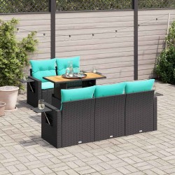Salon de jardin 6 pcs avec coussins noir résine tressée 631073631073