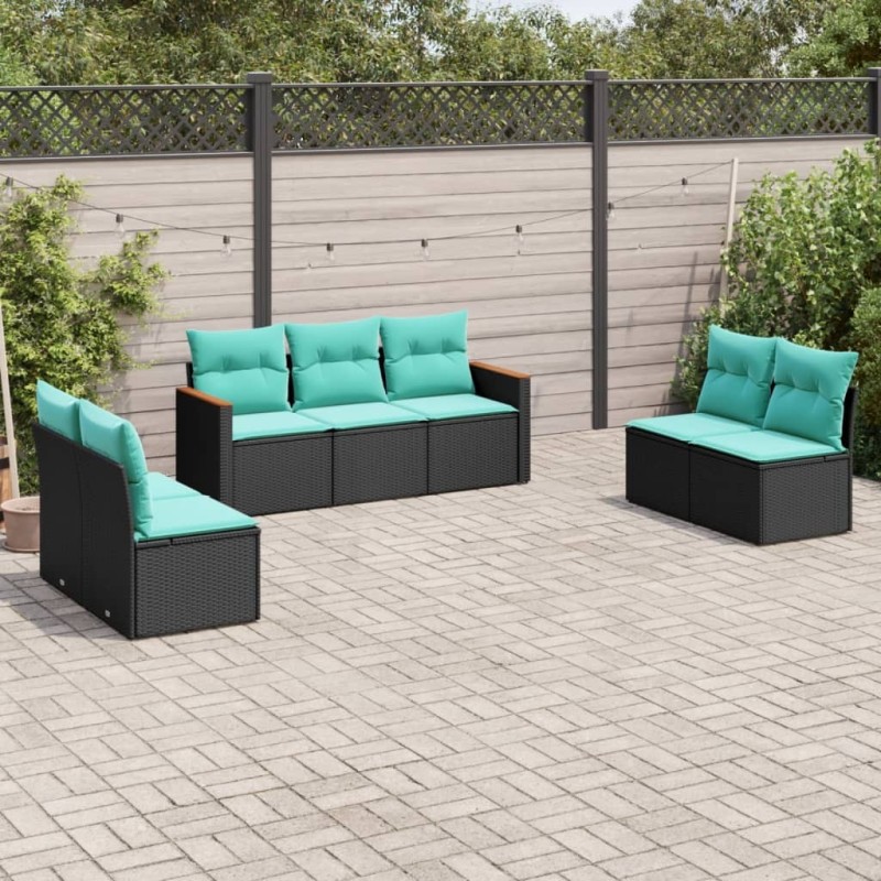 Salon de jardin 7 pcs avec coussins noir résine tressée 631089631089