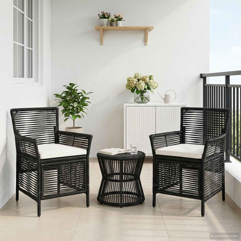 Chaise d'Extérieur avec coussin 2 pcs Noir et Crème polyrotin 631223631223