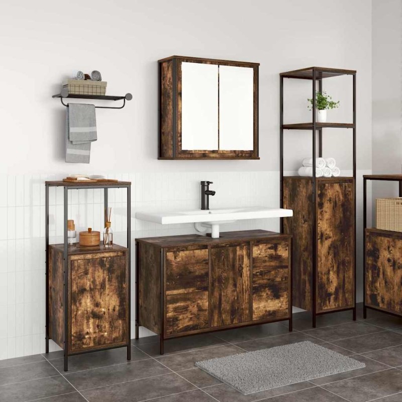 Ensemble de mobilier de salle de bain 3 pcs Chêne fumé et noir 631936631936