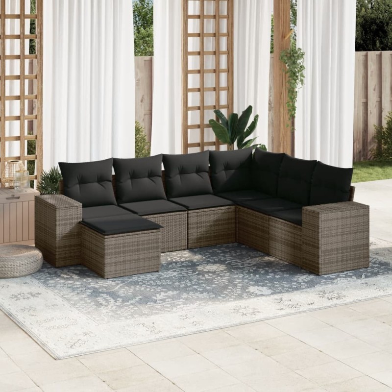 Salon de jardin avec coussins 7 pcs gris résine tressée 632158632158