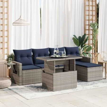 Salon de jardin 6 pcs avec coussins gris résine tressée acacia 632275632275