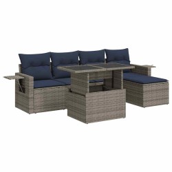 Salon de jardin 6 pcs avec coussins gris résine tressée acacia 632275632275