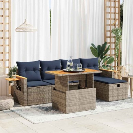 Salon de jardin avec coussins 6 pcs gris résine tressée acacia 632302632302