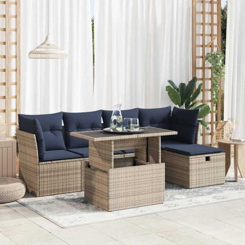 Salon de jardin avec coussins 6 pcs gris résine tressée acacia 632303632303