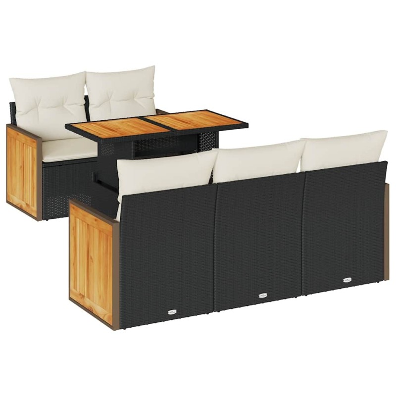Salon de jardin 6 pcs avec coussins noir résine tressée acacia 632349632349