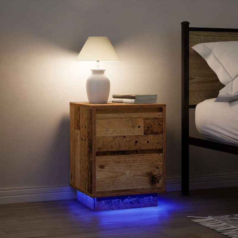 Tables de chevet avec lumières LED 2pcs vieux bois 38x34x50 cm 632576632576