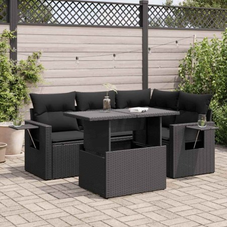 Salon de jardin 5 pcs avec coussins noir résine tressée 632865632865