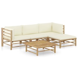Salon de jardin 5 pcs avec coussins blanc crème bambou 632929632929