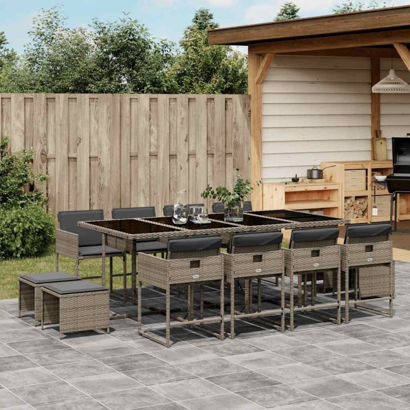 Ensemble à manger de jardin coussins 13 pcs gris résine tressée 633236633236