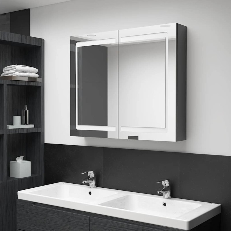 Armoire de salle de bain à miroir LED Gris brillant 80x12x68 cm 633356633356