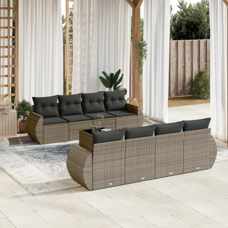 Salon de jardin 9 pcs avec coussins gris résine tressée 633520633520
