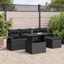 Salon de jardin 6 pcs avec coussins noir résine tressée 633522633522