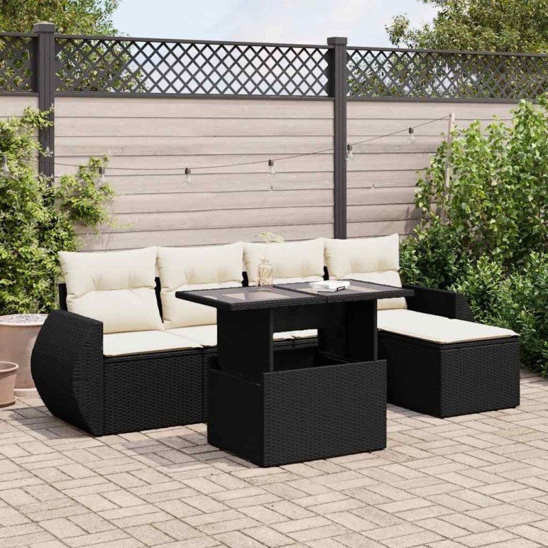 Salon de jardin 6 pcs avec coussins noir résine tressée 633523633523