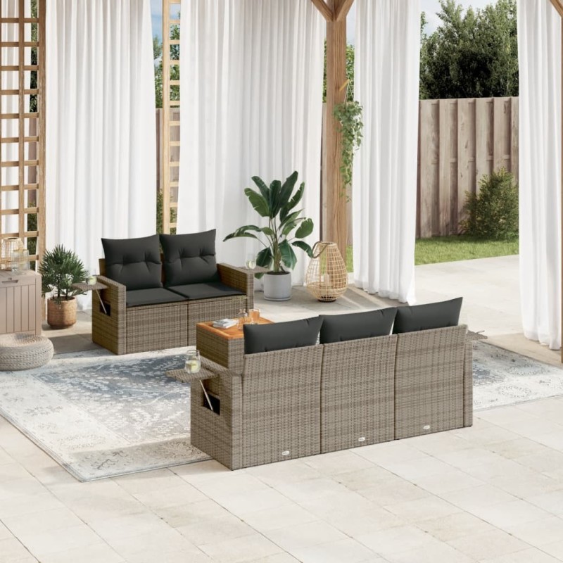 Salon de jardin 6 pcs avec coussins gris résine tressée 633541633541