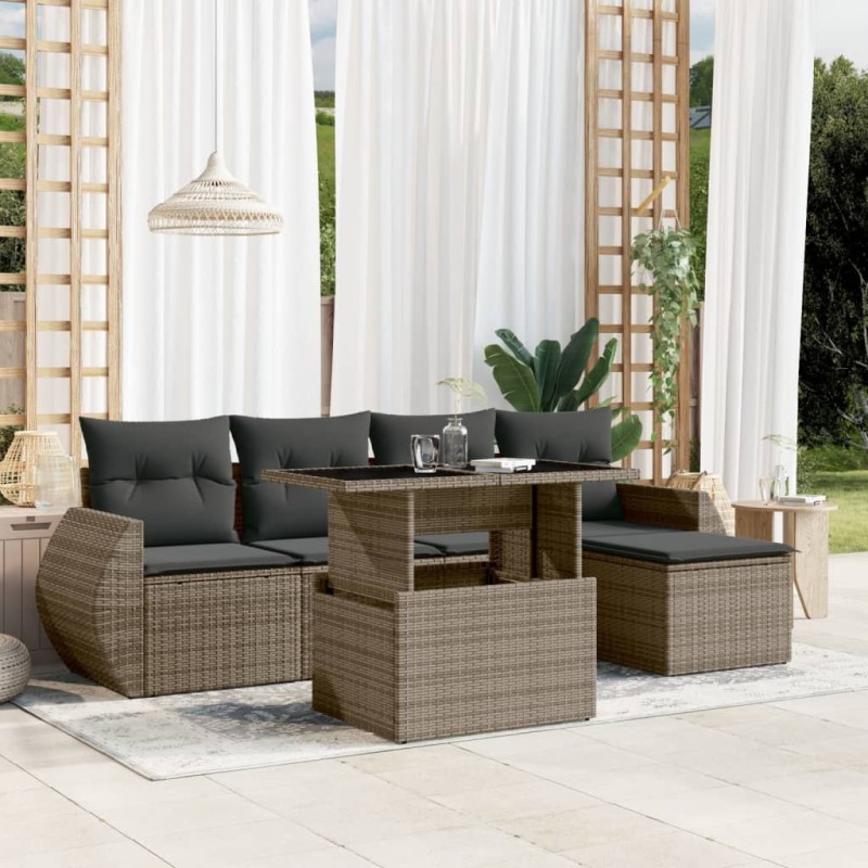 Salon de jardin 6 pcs avec coussins gris résine tressée 633594633594